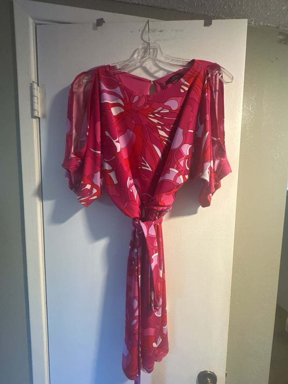 Trina Turk Pink Floral Abstract Print Cold Shoulder Belted Dress